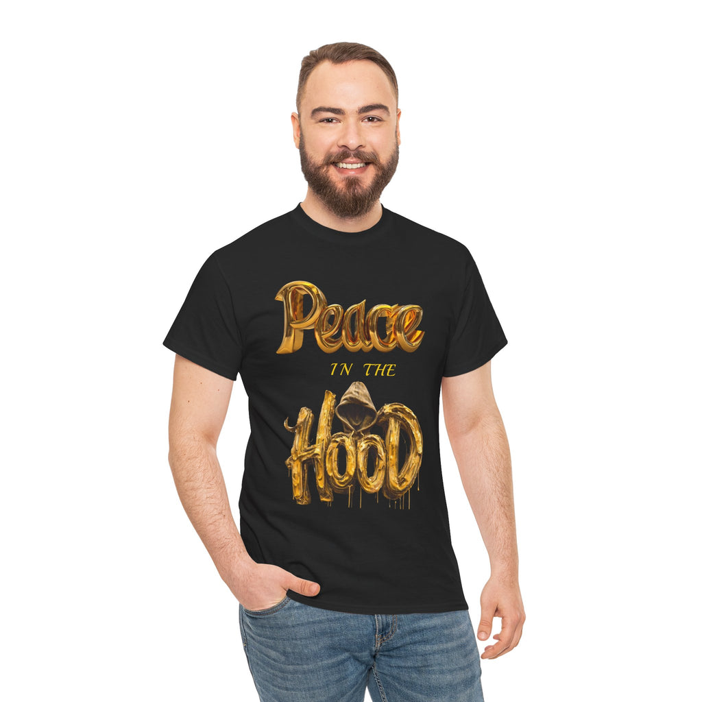 Peace the Hood T-Shirt | Gold Balloon Script, Urban City Skyline