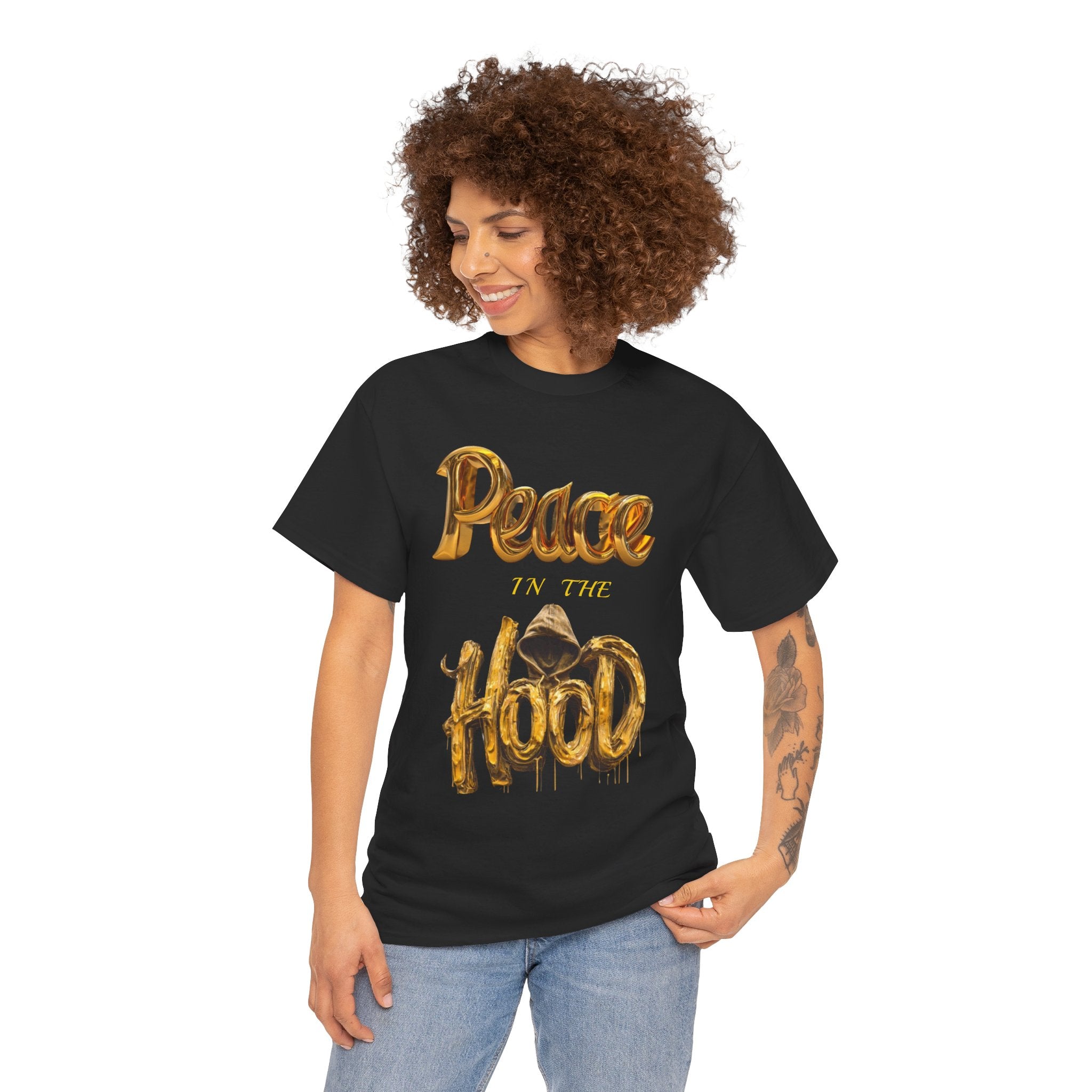 Peace the Hood T-Shirt | Gold Balloon Script, Urban City Skyline