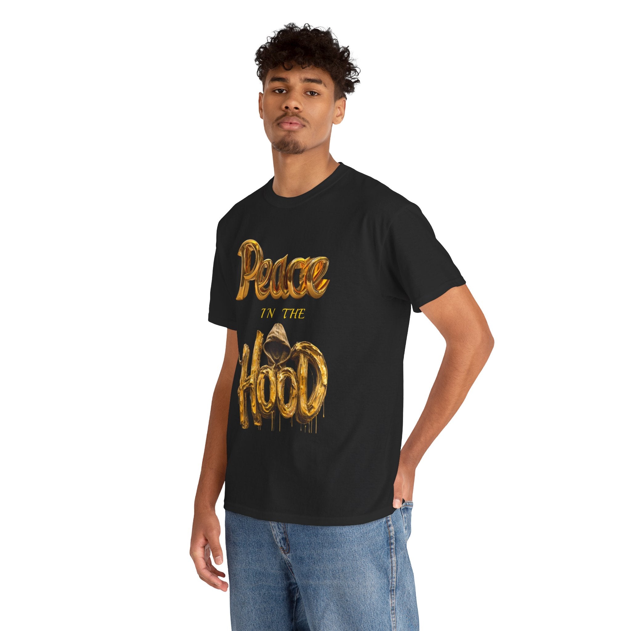 Peace the Hood T-Shirt | Gold Balloon Script, Urban City Skyline
