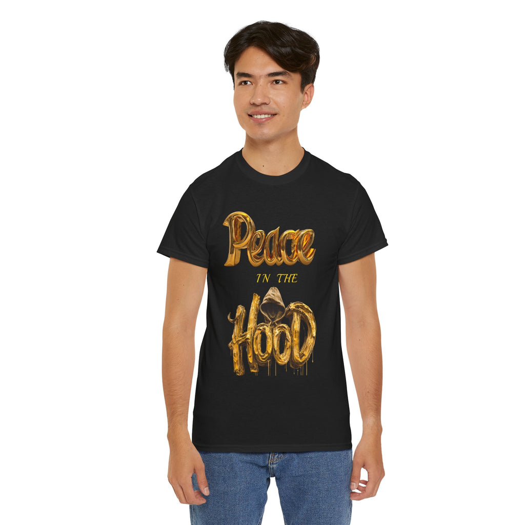 Peace the Hood T-Shirt | Gold Balloon Script, Urban City Skyline