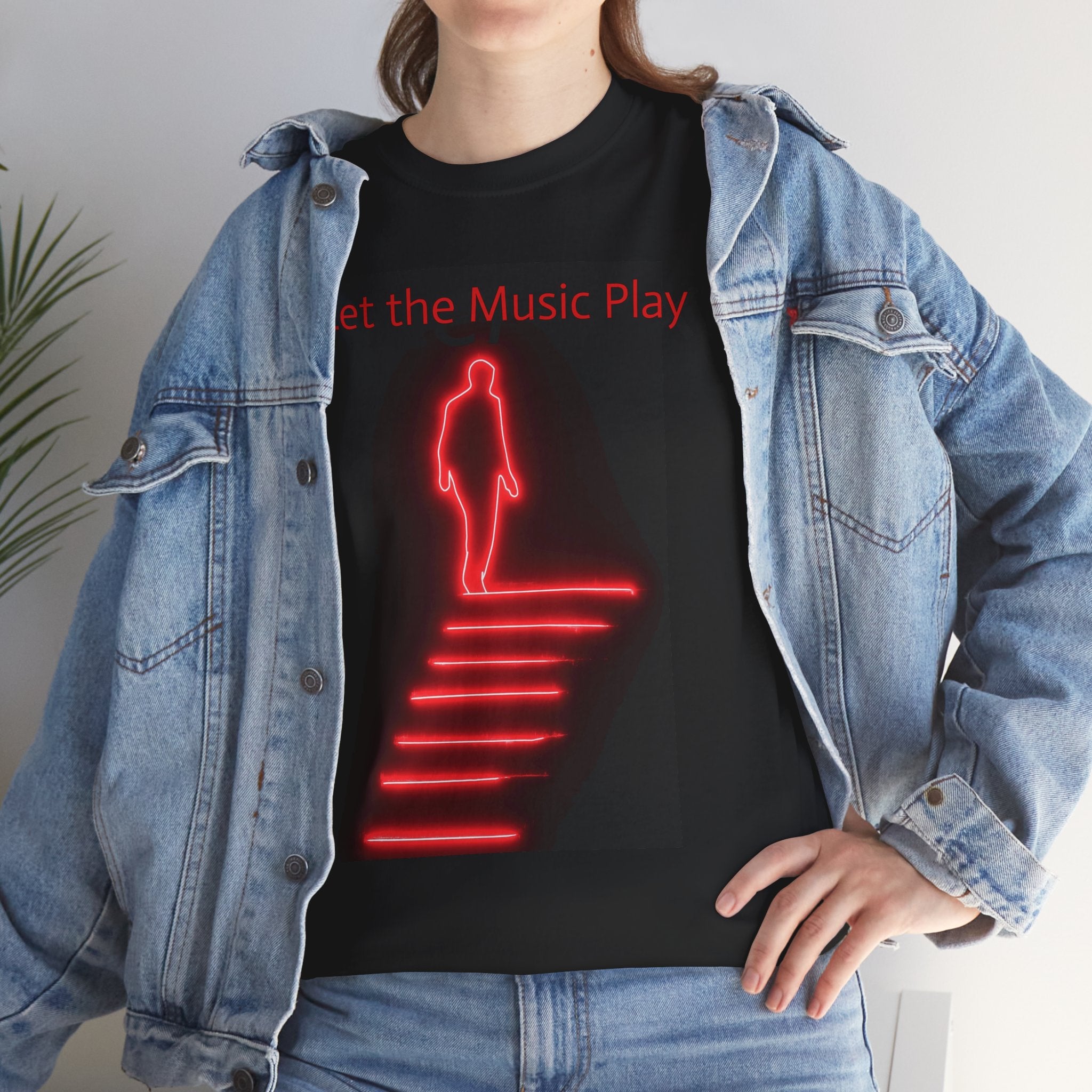 Neon Stairway Tee — 'Let the Music Play' Retro Synthwave T-Shirt