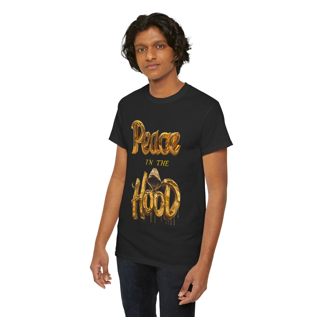 Peace the Hood T-Shirt | Gold Balloon Script, Urban City Skyline