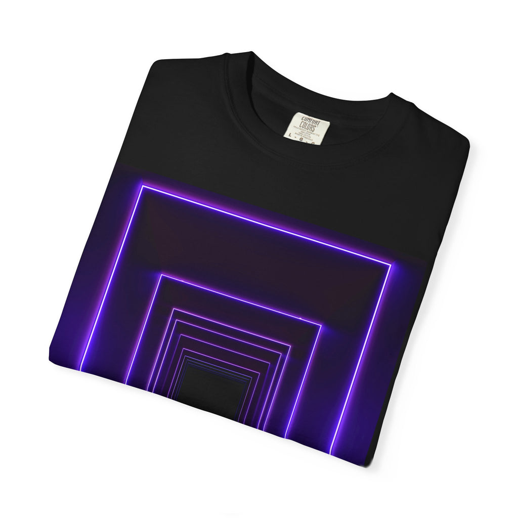 Neon Tunnel T-shirt, Unisex Garment-Dyed Tee for Nightlife, Festival Wear, Vivid Graphic T-shirt for Music Lovers, Gift for Friends