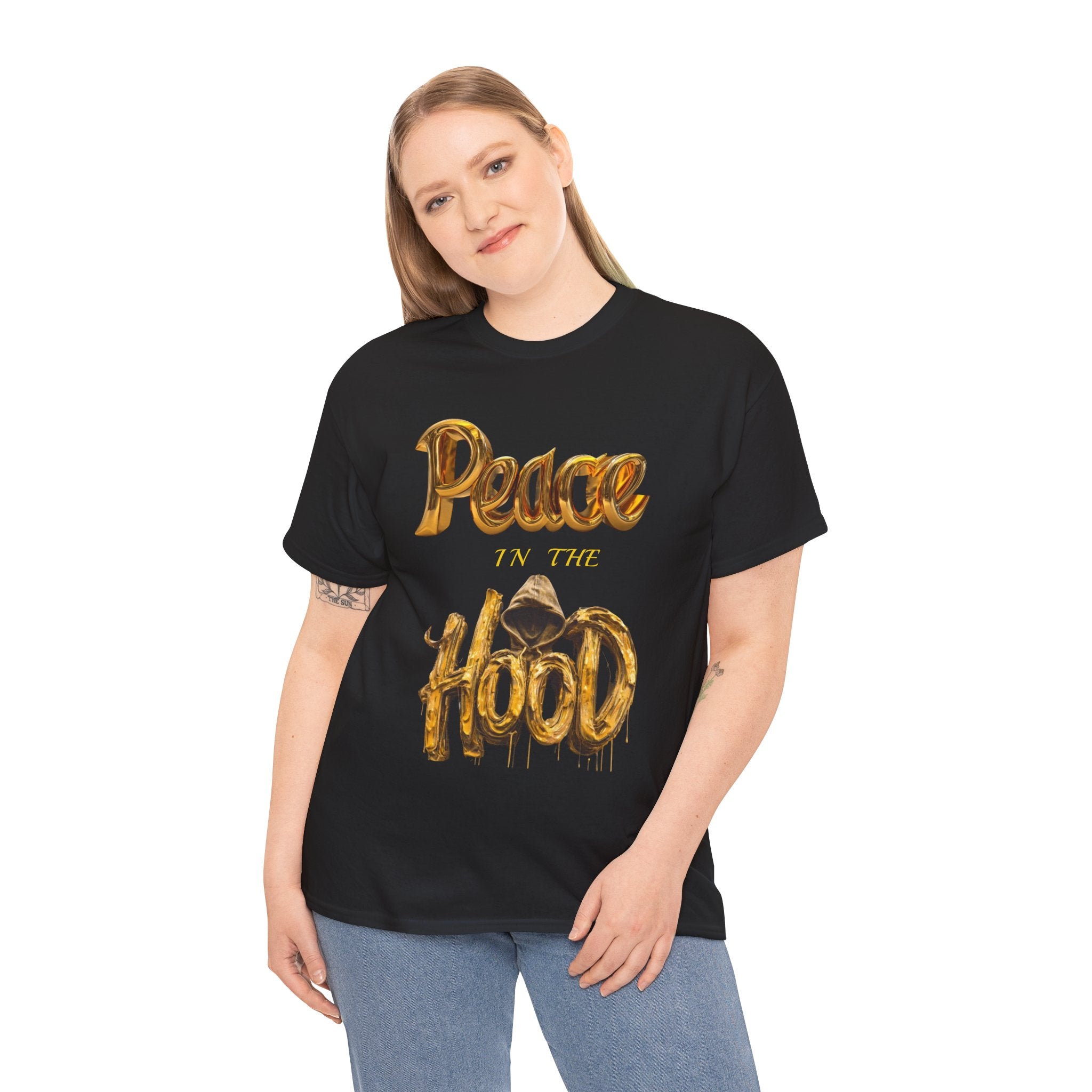 Peace the Hood T-Shirt | Gold Balloon Script, Urban City Skyline
