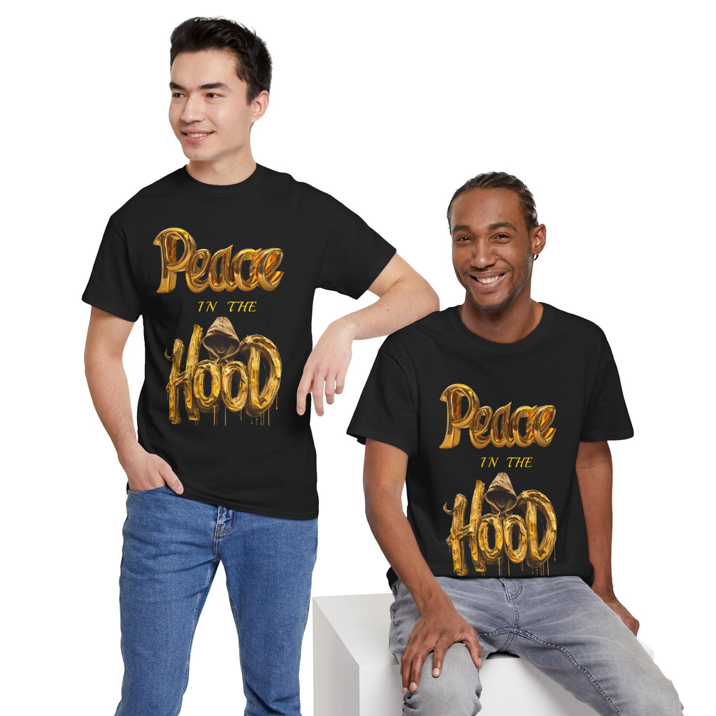 Peace the Hood T-Shirt | Gold Balloon Script, Urban City Skyline