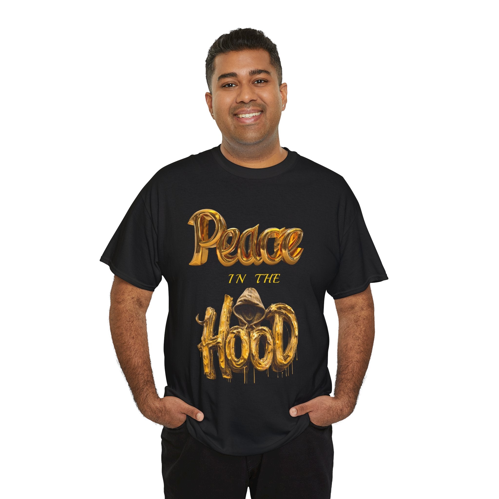 Peace the Hood T-Shirt | Gold Balloon Script, Urban City Skyline