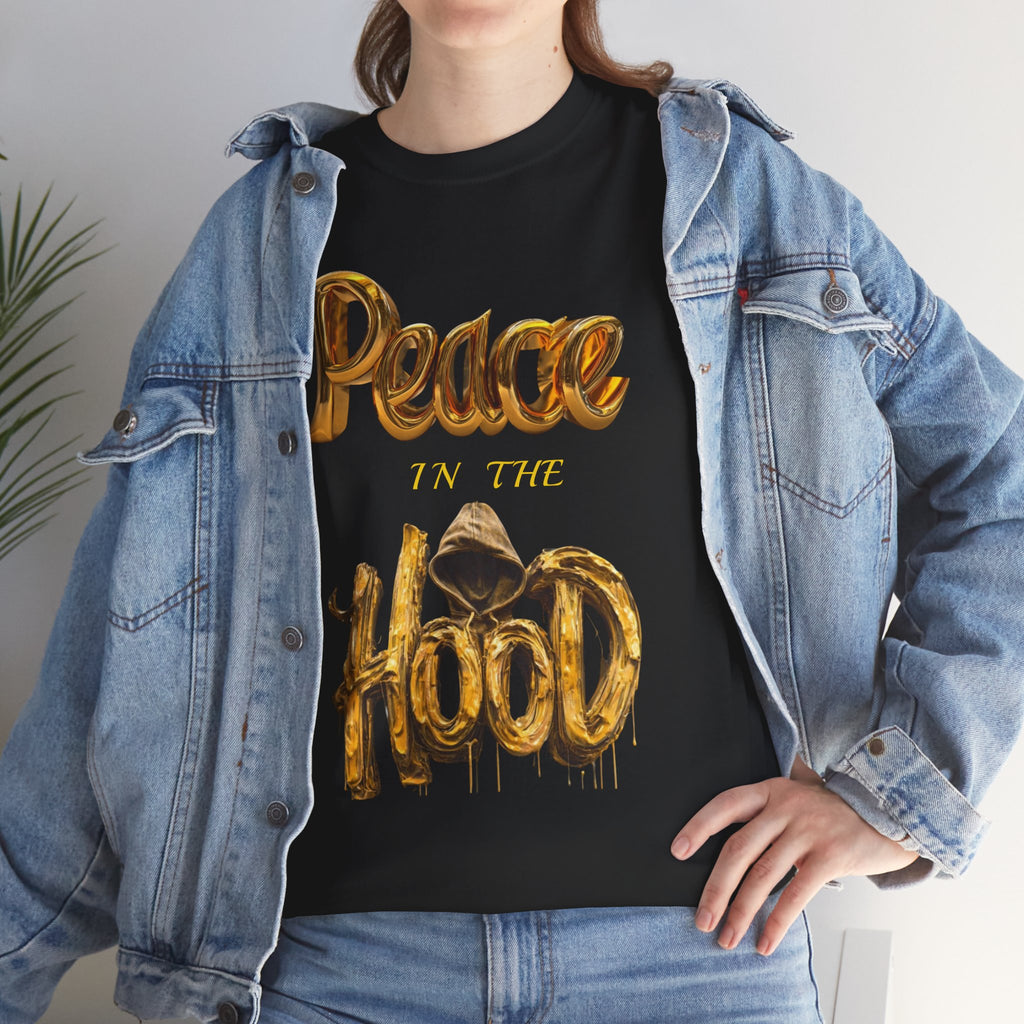 Peace the Hood T-Shirt | Gold Balloon Script, Urban City Skyline