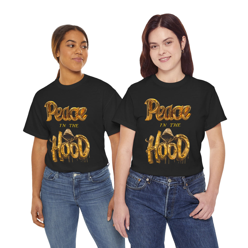 Peace the Hood T-Shirt | Gold Balloon Script, Urban City Skyline