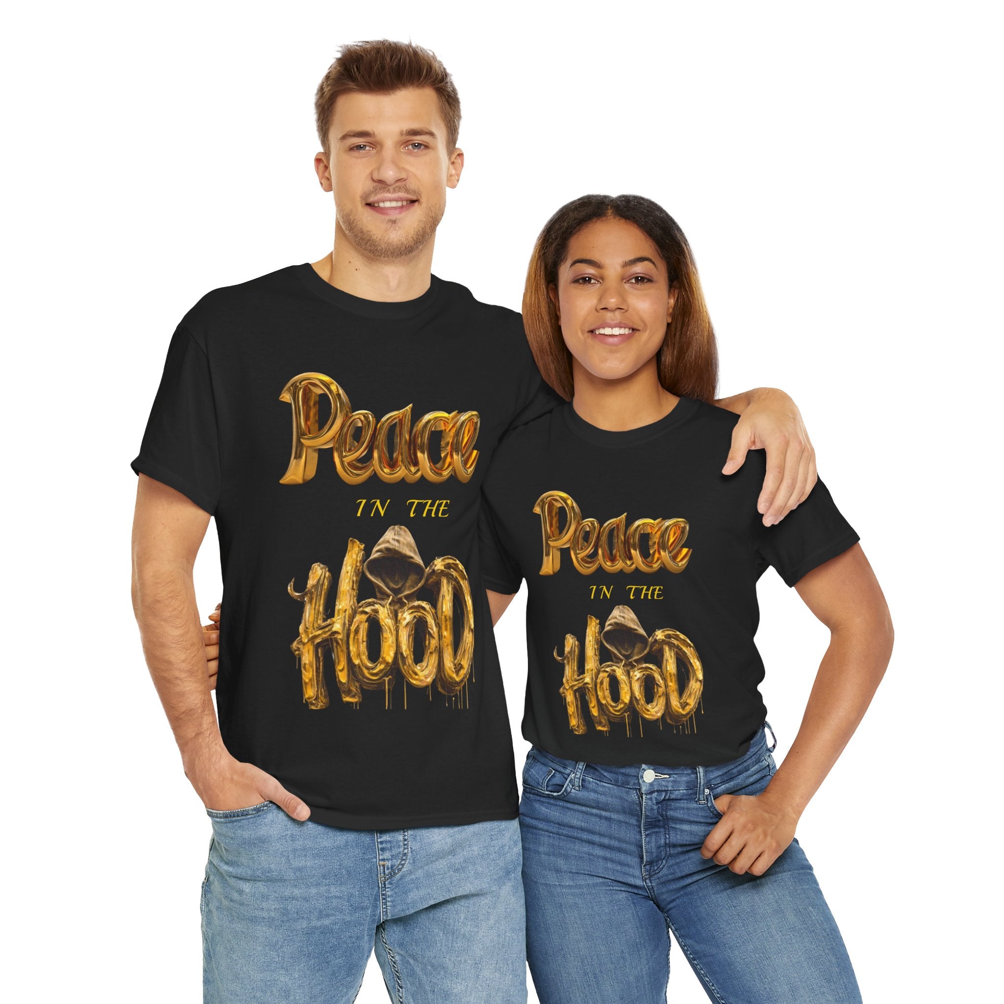 Peace the Hood T-Shirt | Gold Balloon Script, Urban City Skyline