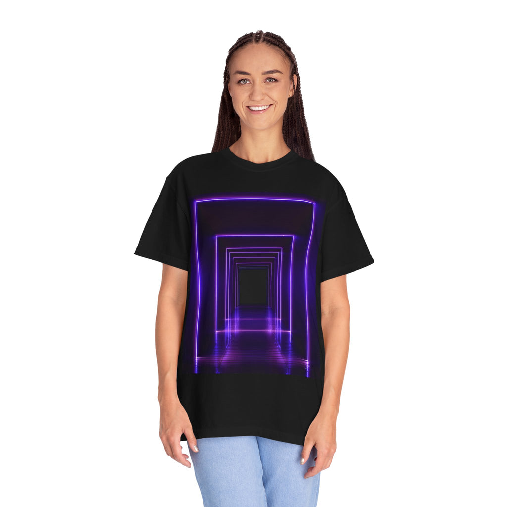 Neon Tunnel T-shirt, Unisex Garment-Dyed Tee for Nightlife, Festival Wear, Vivid Graphic T-shirt for Music Lovers, Gift for Friends